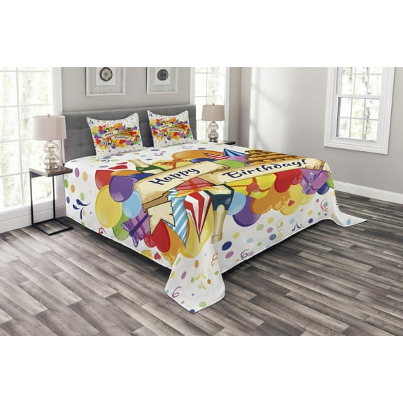 Ambesonne Colorful Quilted Bedspread Set 3 Pcs, Drinks Cake Balloons, King Size, Multicolor