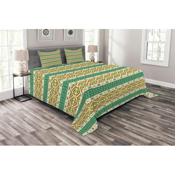 Ambesonne Colorful Quilted Bedspread Set 3 Pcs, Ethnic Geometric Shapes, Queen Size, Pistachio Green Orange