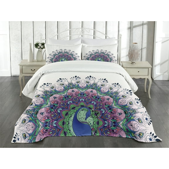 Ambesonne Colorful Quilted Bedspread Set 3 Pcs, Exotic Wild Peacock, King Size, Violet Blue Green Pink