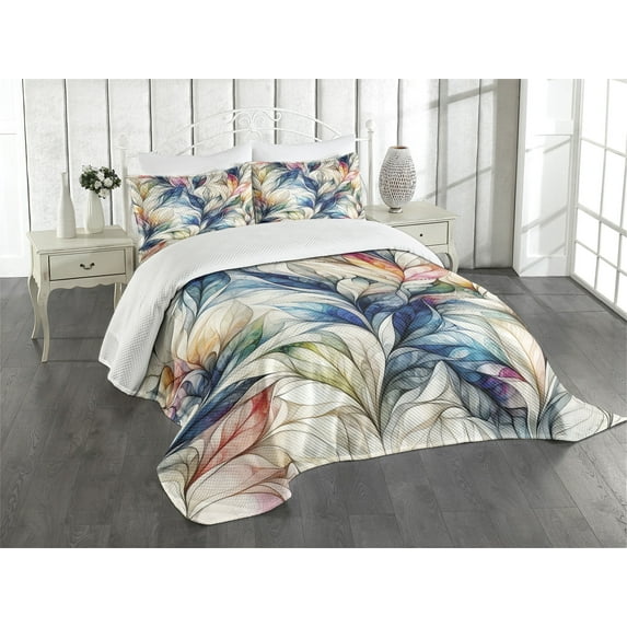 Ambesonne Colorful Quilted Bedspread Set 3 Pcs, Fantasy Leaves Huddle Art, Queen Size, Aqua Beige Multicolor