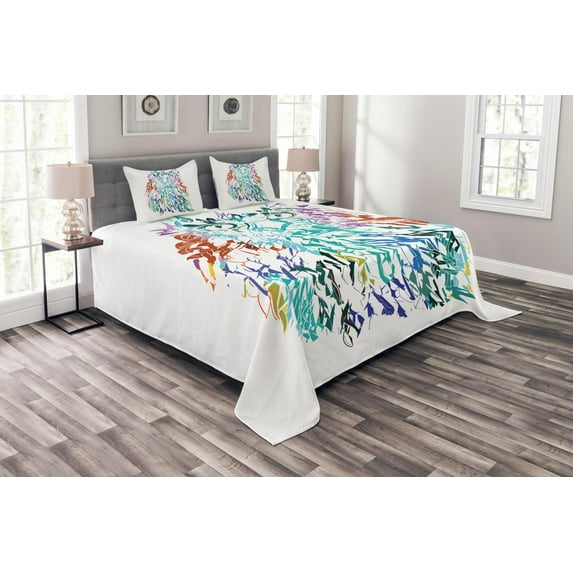 Ambesonne Colorful Quilted Bedspread Set 3 Pcs, Feathers Eyes Vision, Queen Size, Multicolor