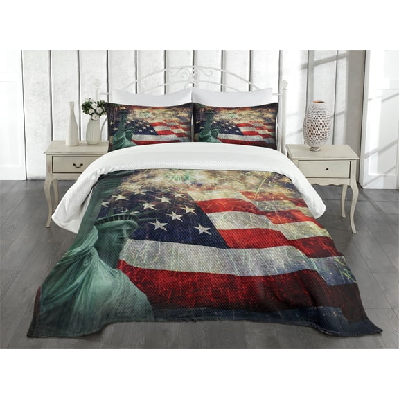 Ambesonne Colorful Quilted Bedspread Set 3 Pcs, Fireworks 4th of July, Queen Size, Multicolor