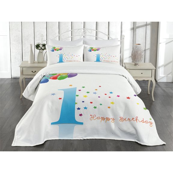 Ambesonne Colorful Quilted Bedspread Set 3 Pcs, First Birthday, Queen Size, Multicolor