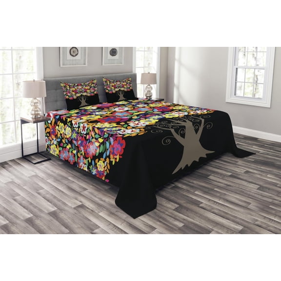 Ambesonne Colorful Quilted Bedspread Set 3 Pcs, Floral Trees Blossoms, King Size, Multicolor