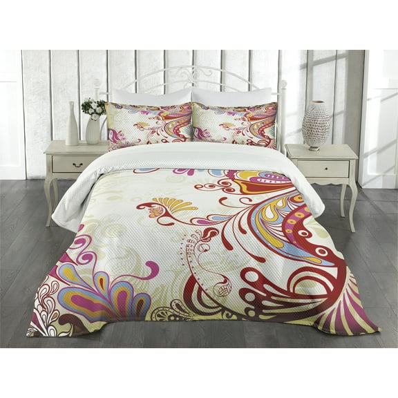 Ambesonne Colorful Quilted Bedspread Set 3 Pcs, Flower Bouquet Paisley, Queen Size, Grey Yellow and Multicolor