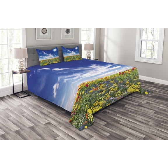 Ambesonne Colorful Quilted Bedspread Set 3 Pcs, Flowers Cloudy Sky, Queen Size, Multicolor