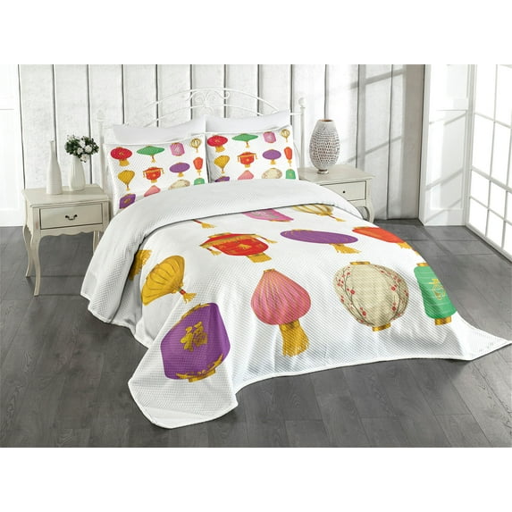 Ambesonne Colorful Quilted Bedspread Set 3 Pcs, Folk Chinese Celebration, Queen Size, Multicolor