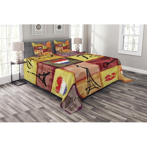 Ambesonne Colorful Quilted Bedspread Set 3 Pcs, French Paris Collage, King Size, Multicolor