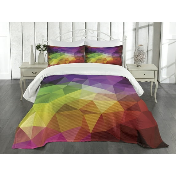 Ambesonne Colorful Quilted Bedspread Set 3 Pcs, Geometry Shape Polygon, Queen Size, Multicolor