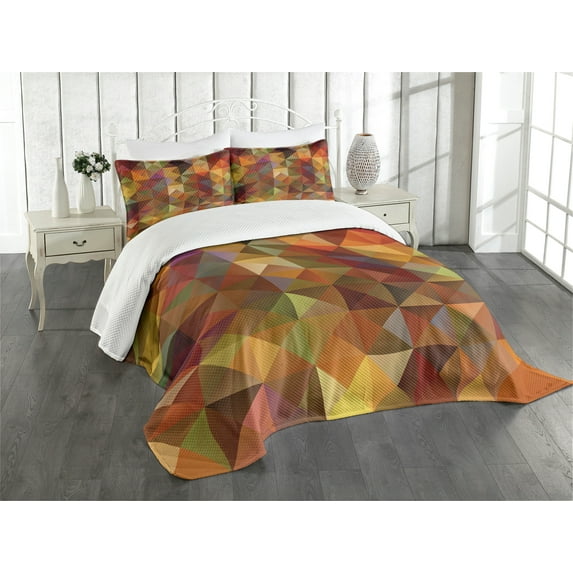 Ambesonne Colorful Quilted Bedspread Set 3 Pcs, Grid Mosaic Geometric, King Size, Brown and Marigold
