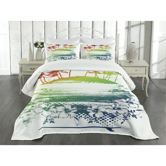 Ambesonne Colorful Quilted Bedspread Set 3 Pcs, Grunge Summer Scenery, King Size, Multicolor