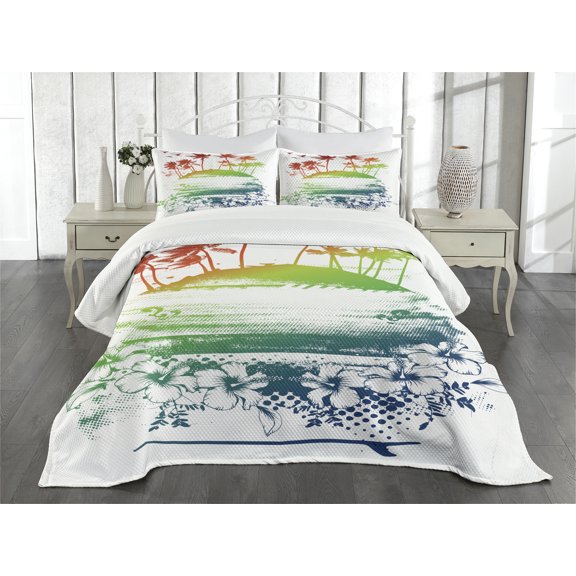 Ambesonne Colorful Quilted Bedspread Set 3 Pcs, Grunge Summer Scenery, King Size, Multicolor