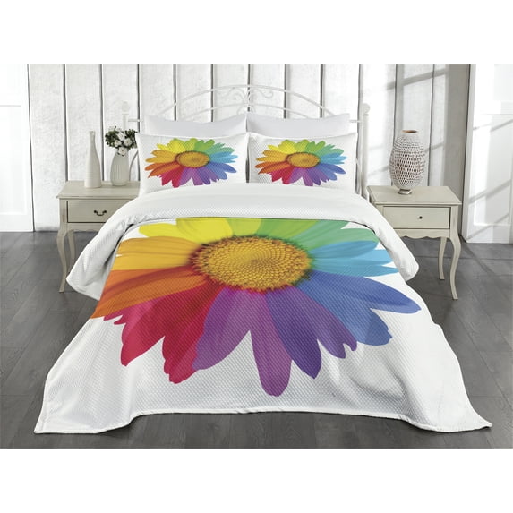 Ambesonne Colorful Quilted Bedspread Set 3 Pcs, Hippie Daisy Spring, King Size, Multicolor