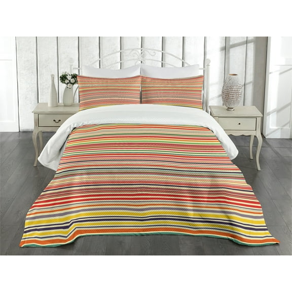 Ambesonne Colorful Quilted Bedspread Set 3 Pcs, Horizontal Stripes, Queen Size, Multicolor
