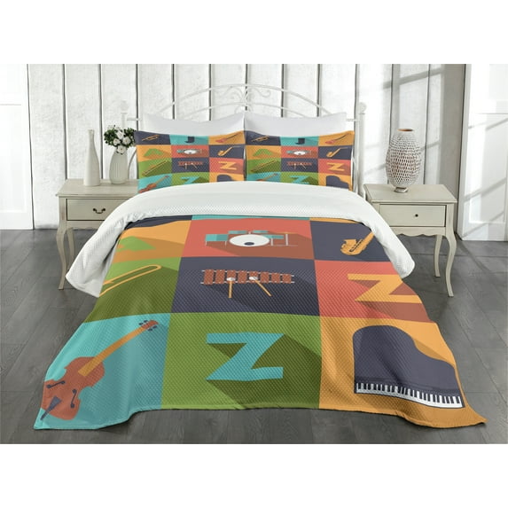 Ambesonne Colorful Quilted Bedspread Set 3 Pcs, Jazz Equipment Music, King Size, Multicolor