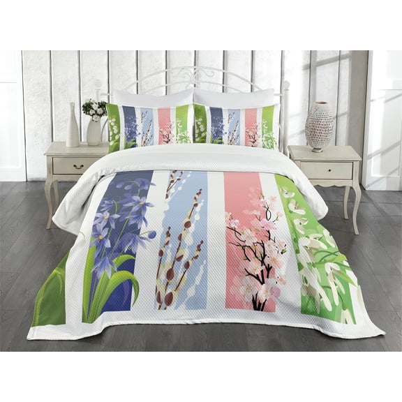 Ambesonne Colorful Quilted Bedspread Set 3 Pcs, Lily Primrose Valley, King Size, Multicolor