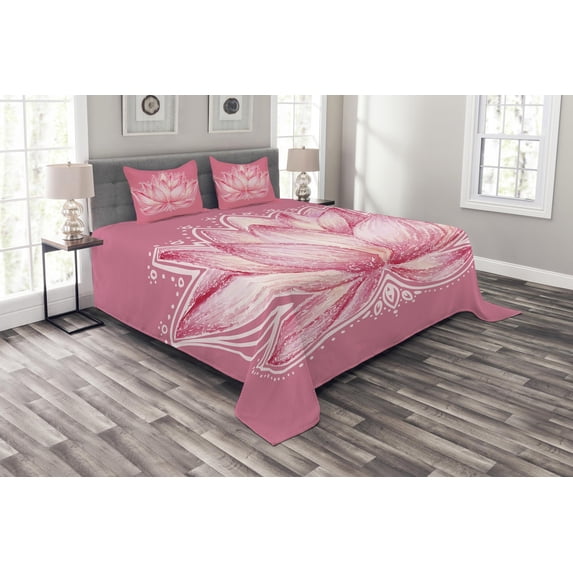 Ambesonne Colorful Quilted Bedspread Set 3 Pcs, Lotus Yoga, Queen Size, Pale Pink Cream