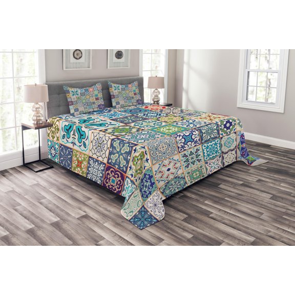 Ambesonne Colorful Quilted Bedspread Set 3 Pcs, Mediterranean Flora Tiles, King Size, Multicolor
