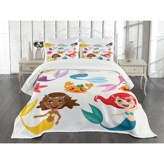 Ambesonne Colorful Quilted Bedspread Set 3 Pcs, Mermaids Sea Friends, Queen Size, Multicolor