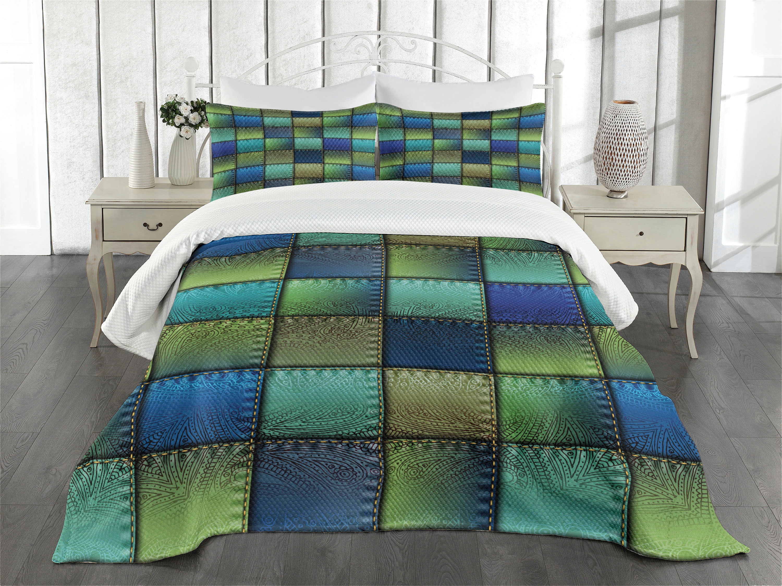 King Size Blue Green Quilted Bedspread Set