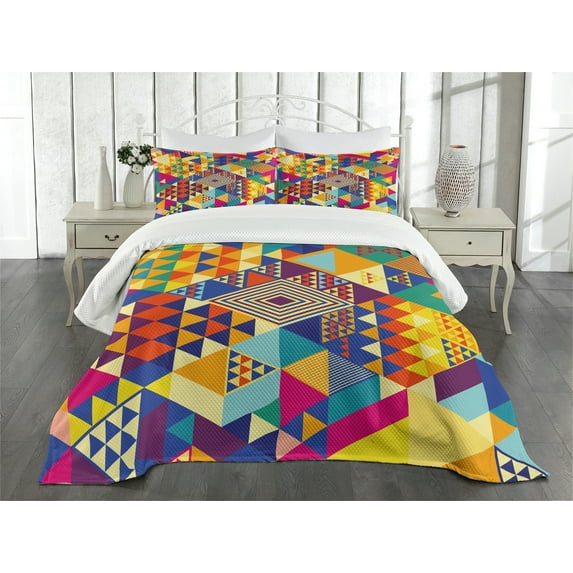 Ambesonne Colorful Quilted Bedspread Set 3 Pcs, Modern Triangles, Queen Size, Multicolor