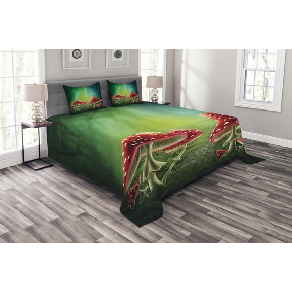 Ambesonne Colorful Quilted Bedspread Set 3 Pcs, Mysterious Mushrooms, Queen Size, Sea Green Red Cream