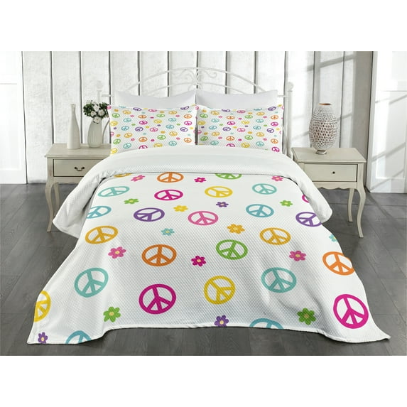 Ambesonne Colorful Quilted Bedspread Set 3 Pcs, Old Peace Sign, King Size, Multicolor