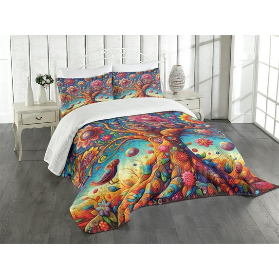 Ambesonne Colorful Quilted Bedspread Set 3 Pcs, Oriental Floral Vines Owls, King Size, Sky Blue Orange Pink