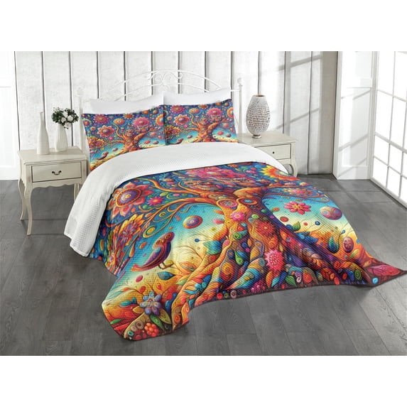 Ambesonne Colorful Quilted Bedspread Set 3 Pcs, Oriental Floral Vines Owls, Queen Size, Sky Blue Orange Pink