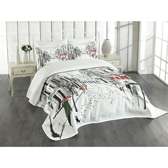 Ambesonne Colorful Quilted Bedspread Set 3 Pcs, Paris Eiffel Tower, Queen Size, Multicolor