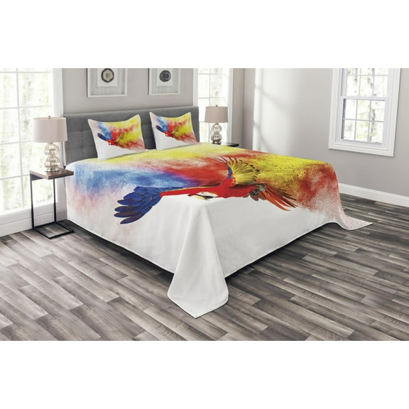 Ambesonne Colorful Quilted Bedspread Set 3 Pcs, Parrot with Feathers, Queen Size, Multicolor