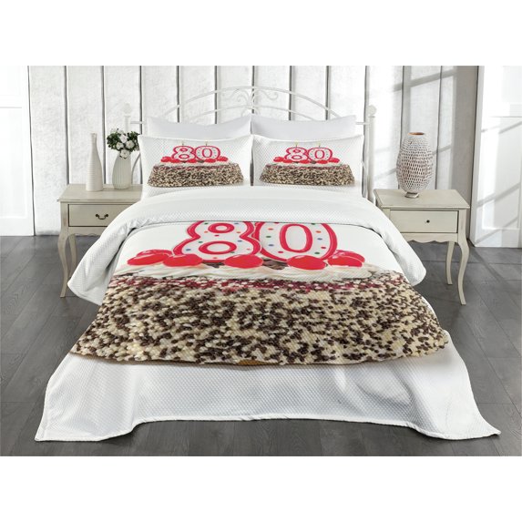 Ambesonne Colorful Quilted Bedspread Set 3 Pcs, Party Cake Cherries, Queen Size, Multicolor