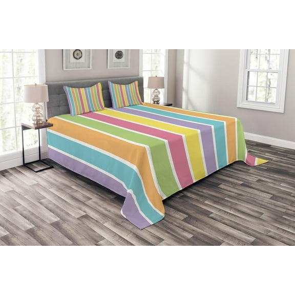 Ambesonne Colorful Quilted Bedspread Set 3 Pcs, Pastel Summer Funky, King Size, Multicolor