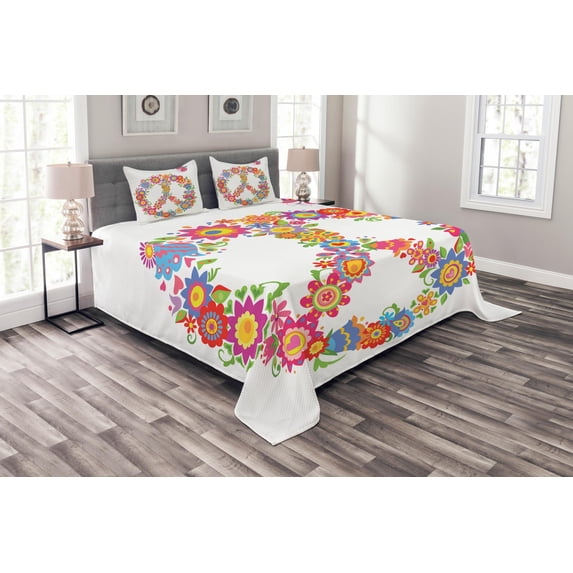 Ambesonne Colorful Quilted Bedspread Set 3 Pcs, Peace Equality Flower, King Size, Multicolor