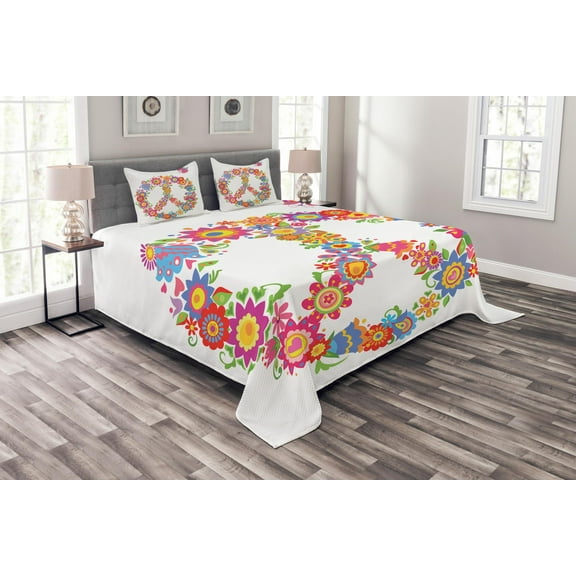 Ambesonne Colorful Quilted Bedspread Set 3 Pcs, Peace Equality Flower, King Size, Multicolor