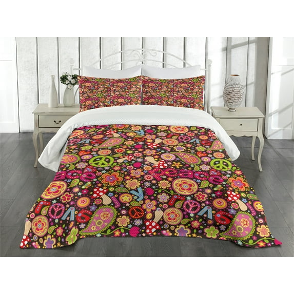 Ambesonne Colorful Quilted Bedspread Set 3 Pcs, Peace Love Joyful Vivid, King Size, Multicolor