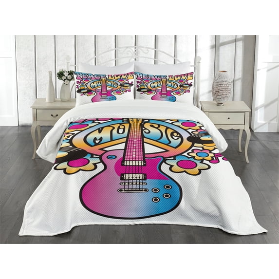 Ambesonne Colorful Quilted Bedspread Set 3 Pcs, Peace Love Vinyl Music, Queen Size, Blue Pink Yellow