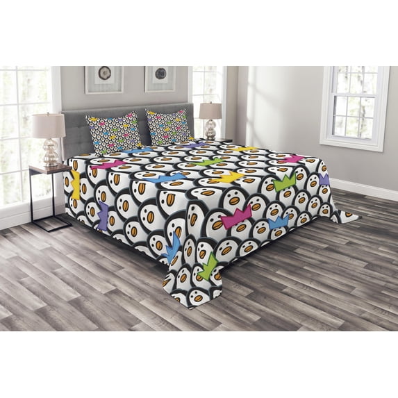 Ambesonne Colorful Quilted Bedspread Set 3 Pcs, Penguin Ice Animals, Queen Size, Multicolor