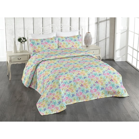 Ambesonne Colorful Quilted Bedspread Set 3 Pcs, Psychedelic Skulls Trippy, Queen, Pale Blue and Multicolor