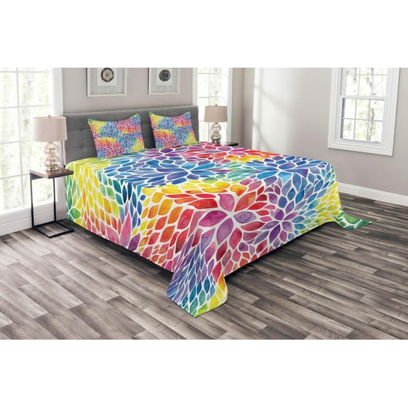 Ambesonne Colorful Quilted Bedspread Set 3 Pcs, Rainbow Colored Leaves, King Size, Multicolor