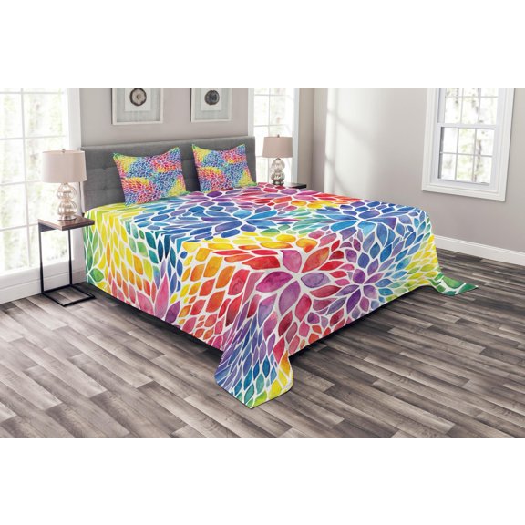 Ambesonne Colorful Quilted Bedspread Set 3 Pcs, Rainbow Colored Leaves, King Size, Multicolor