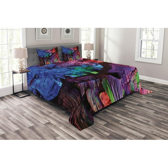 Ambesonne Colorful Quilted Bedspread Set 3 Pcs, Rainbow Colored Rock, King Size, Multicolor