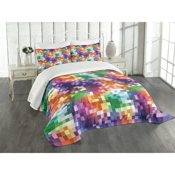 Ambesonne Colorful Quilted Bedspread Set 3 Pcs, Rainbow Colored Square, King Size, Multicolor