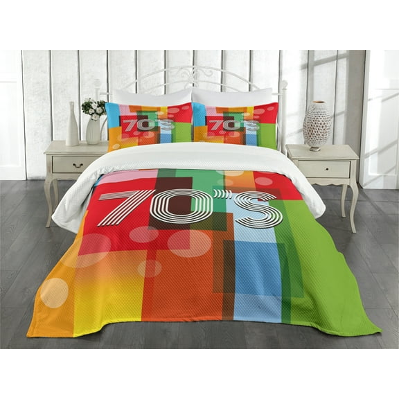 Ambesonne Colorful Quilted Bedspread Set 3 Pcs, Retro Art Seventies, Queen Size, Multicolor