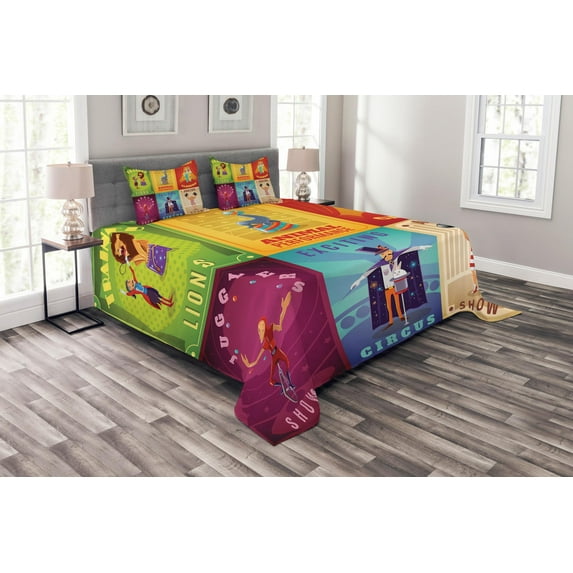 Ambesonne Colorful Quilted Bedspread Set 3 Pcs, Retro Circus Animals, Queen Size, Multicolor