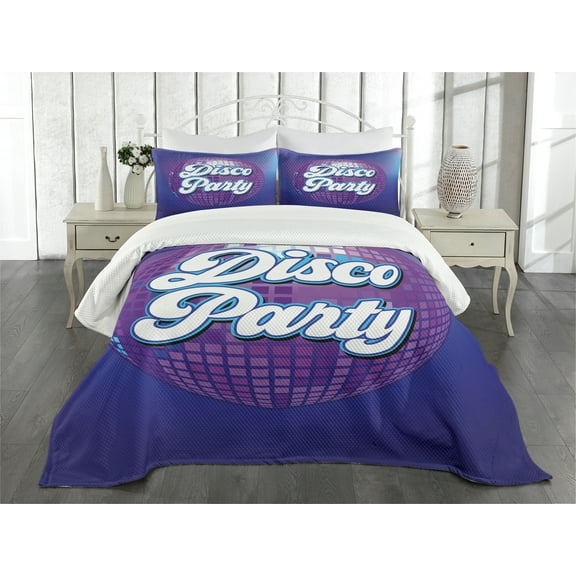 Ambesonne Colorful Quilted Bedspread Set 3 Pcs, Retro Letter Disco Ball, King Size, Purple Blue White