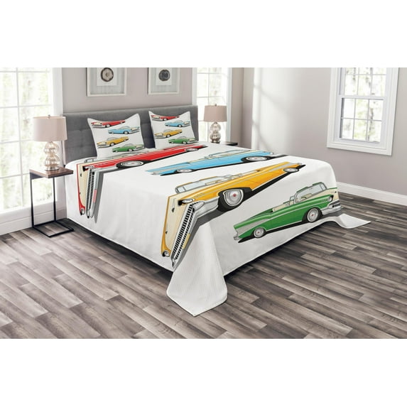 Ambesonne Colorful Quilted Bedspread Set 3 Pcs, Roadsters Old Vintage, Queen Size, Multicolor
