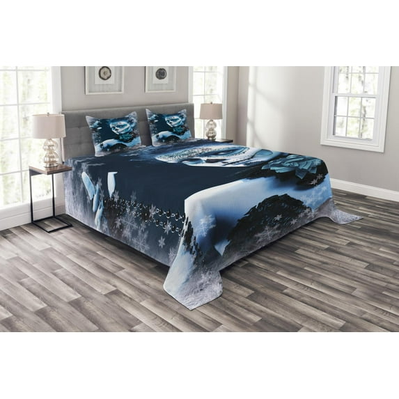 Ambesonne Colorful Quilted Bedspread Set 3 Pcs, Roses Snowflakes, Queen Size, Pale Grey and Pale Blue