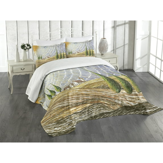Ambesonne Colorful Quilted Bedspread Set 3 Pcs, Rural Fields Europe, Queen Size, Multicolor