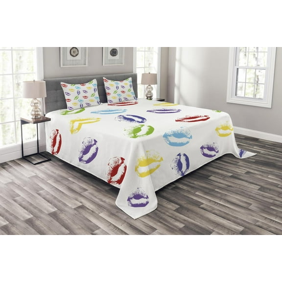 Ambesonne Colorful Quilted Bedspread Set 3 Pcs, Seductive Lips Kisses Art, King Size, Multicolor